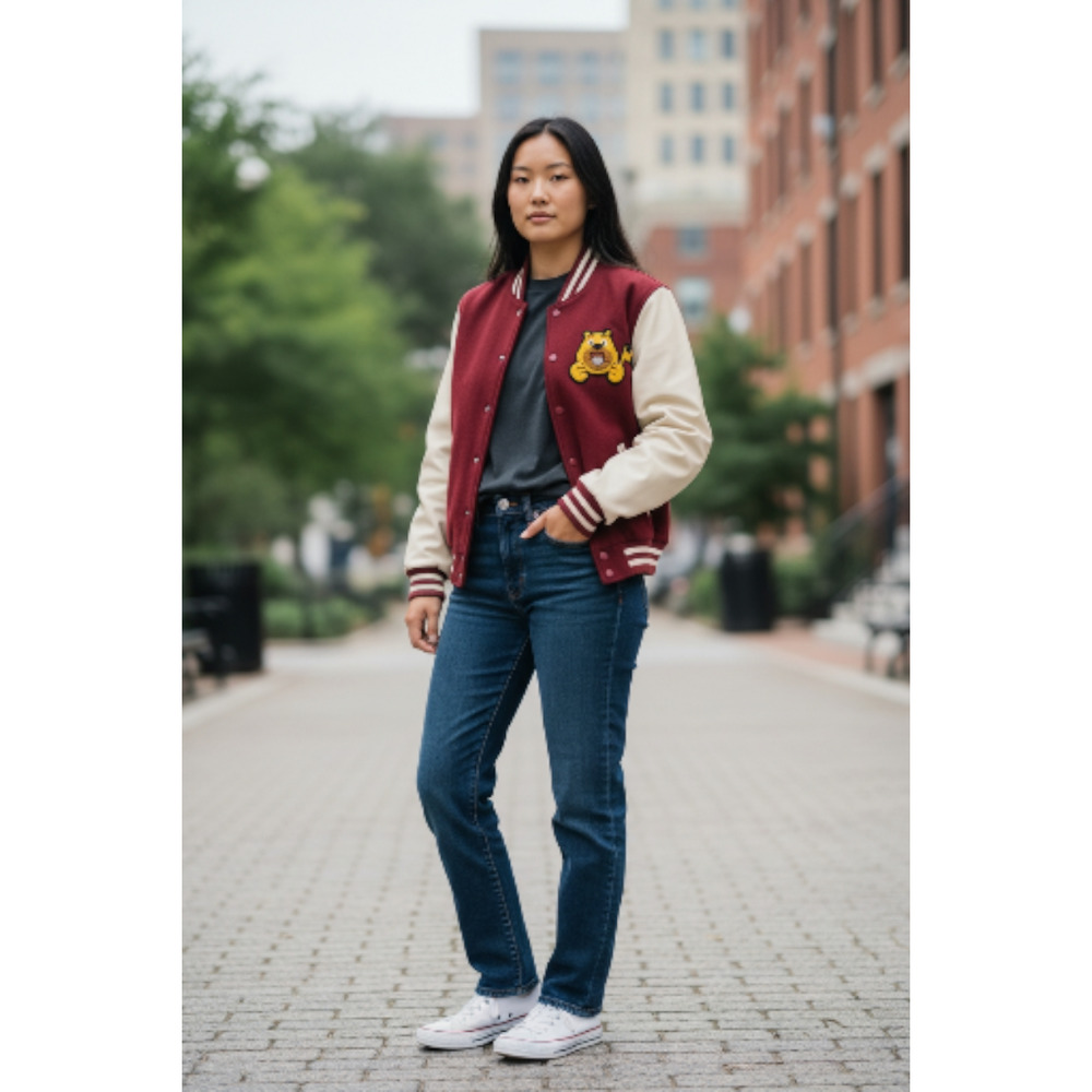 4570)Ashley by 26 International Preppy Embroidery Burgundy  Varsity Jacket Large
